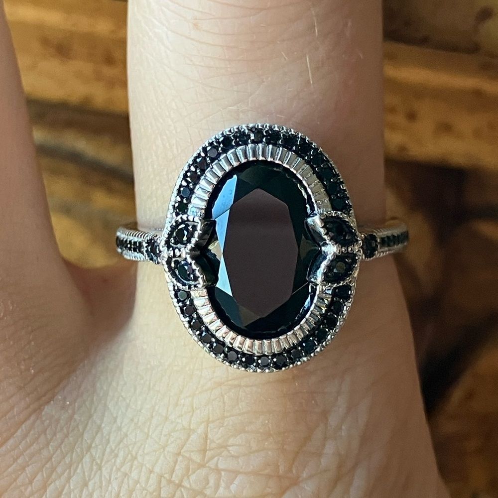 Natural Black Spinel Sterling Silver Ring Size 10